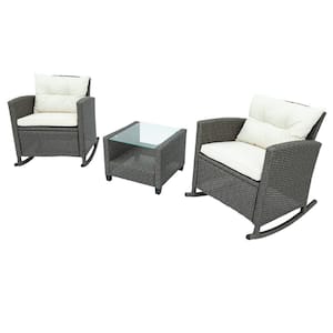 Gray 3-Piece Beige Wicker Rattan Outdoor Rocking Chair Patio Furniture Set with Beige Cushions