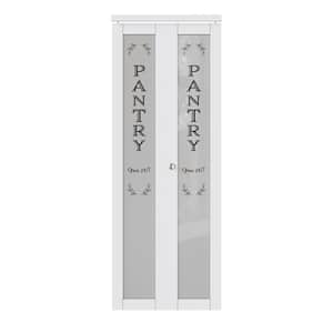 30 in. x 80 in. 1-Lite Frosted Glass Solid Core MDF White Finished Closet Bi-Fold Door with Pantry Stickers and Hareware