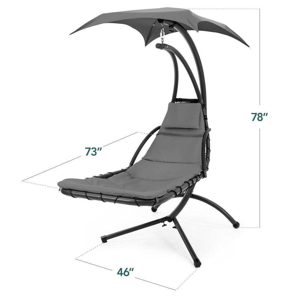 Gray Hanging LED-Lit Curved Chaise Lounge Chair with Canopy