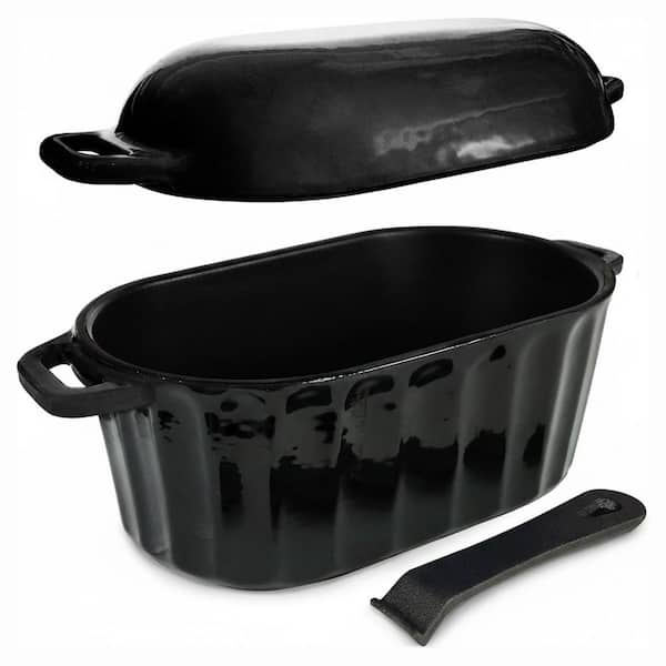 Enameled Cast Iron Oval Bread Pan with Lid Black Dishwasher Safe Sourdough Loaf Baking Pan for Oven Stove Induction