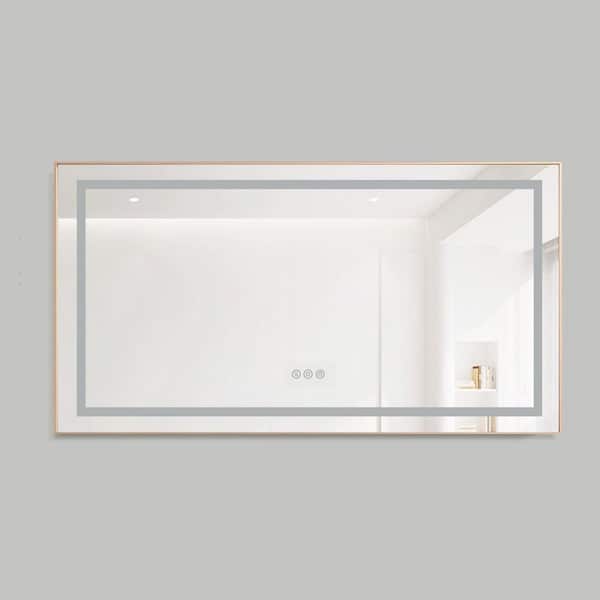 55 in. W x 28 in. H Rectangular Aluminum Framed Backlit and Front Light LED Wall Bathroom Vanity Mirror in Brushed Gold
