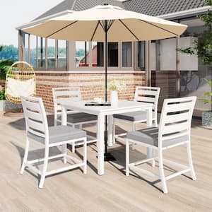 5-Piece White Metal Outdoor Dining Set and Square Table with Umbrella Hole with Gray Cushions
