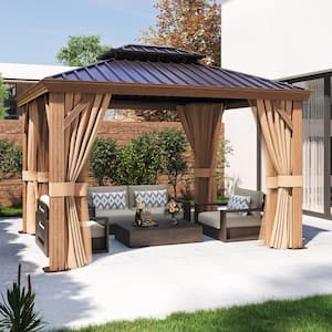 12 ft. x 10 ft. Wood Grain Double Galvanized Steel Roof Patio Hardtop Gazabo with Ceiling Hook, Curtains and Netting