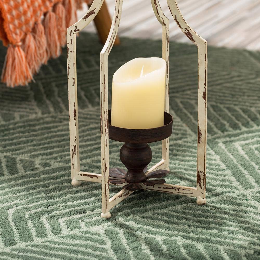 Distressed White and Brown Metal Hanging Candle Lanterns Set of 2