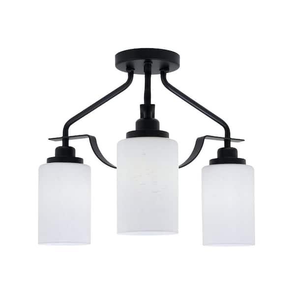 Unbranded Zara 14.5 in. 3-Light Matte Black Semi-Flush with 4 in. White Muslin. Glass Shades No Bulbs Included