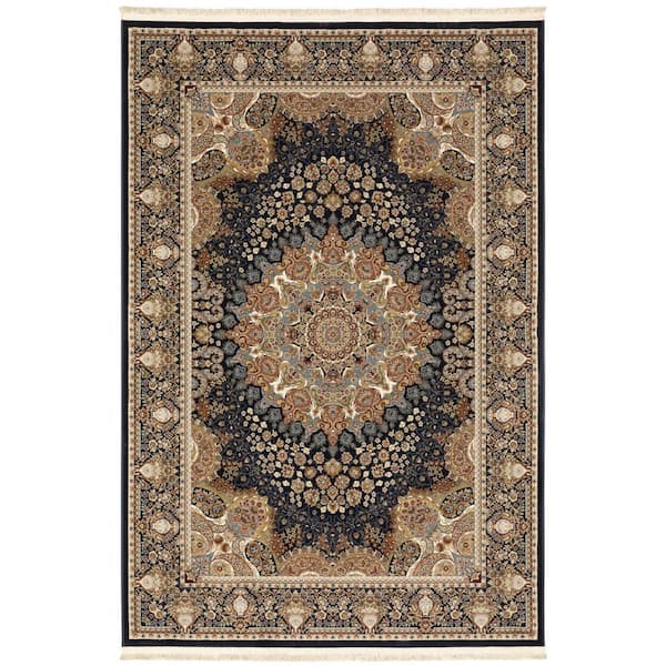 10 ft. x 13 ft. Navy Blue, Tan, Ivory Medallion Washable Area Rug