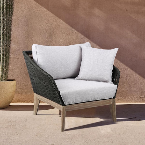 Armen Living Athos Cushioned Eucalyptus Wood Indoor Outdoor Club Chair in Light with Latte Rope and Grey Cushions