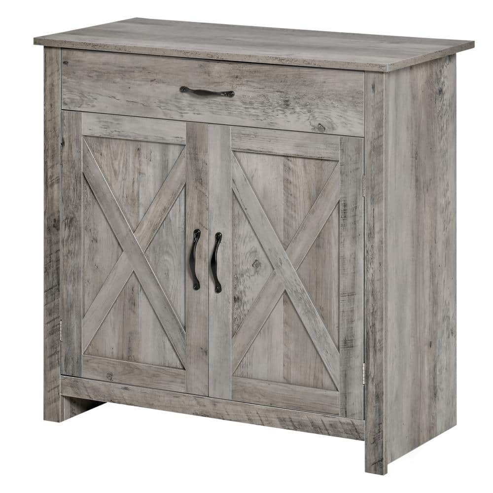 Gray Wash Rustic Farmhouse Barn Door Style Sideboard Cabinet