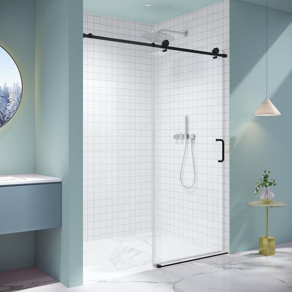 60 in. W x 76 in. H Single Sliding frameless Bypass Bathroom Shower Door with 1/4 in. Tempered Glass in Matte Black