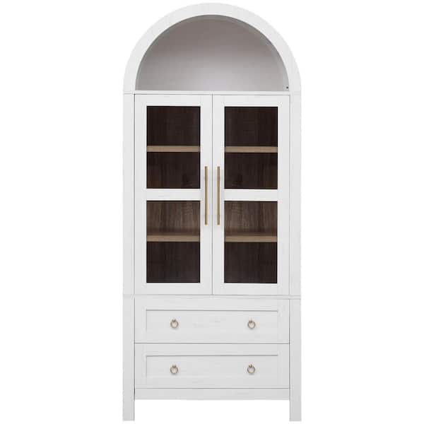 Farmhouse White 71 in. Tall Arched Kitchen Pantry Cabinet, Cupboard with Glass Door, 2 Drawers and Adjustable Shelves