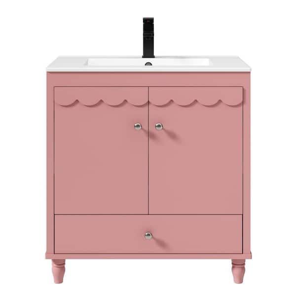 30 in. W x 18.3 in. D x 34 in. H Freestanding 1-Sink Bath Vanity in Pink with White Ceramic Top and Drain Faucet Set