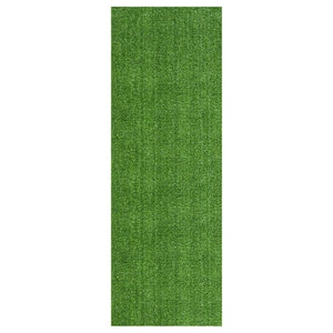 Green 2 ft. x 20 ft. Meadowland Collection Waterproof Solid Grass Artificial Grass Indoor/Outdoor Area Rug