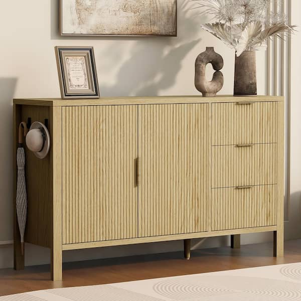 Fiora Natural MDF 55.1 in. Buffet Sideboard Accent Storage Cabinet with Drawers, Wave-Pattern Doors, Adjustable Hooks