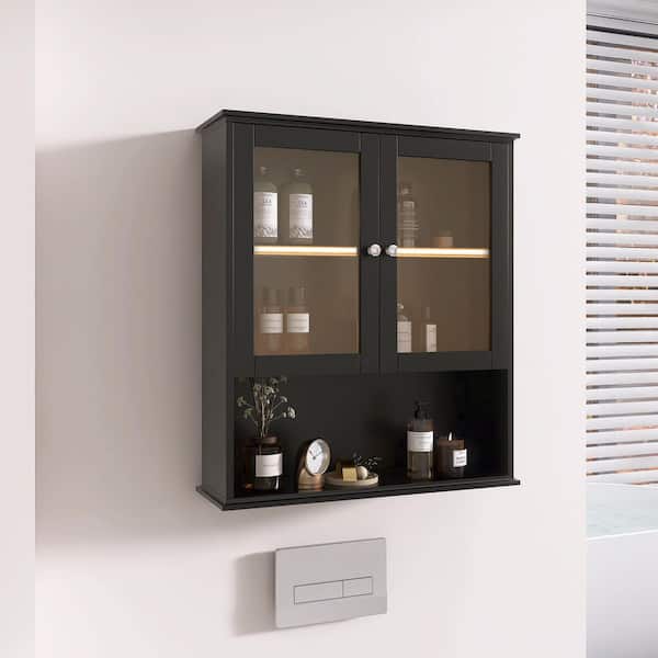 MEDUNJESS YJAY 26 in. W x 8 in. D x 29.5 in. H Bathroom Storage Wall Cabinet with 2 Glass Doors in Black