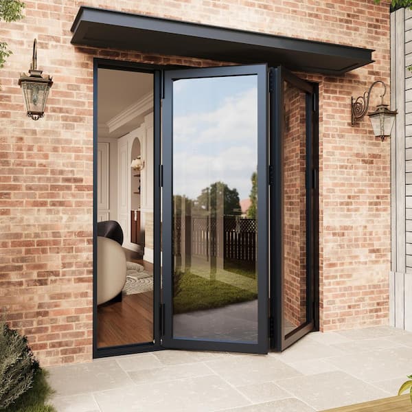 72 in. x 80 in. Right Swing/OutSwing Double Tempered Glass Black Aluminum Folding Patio Door (2-Folding)