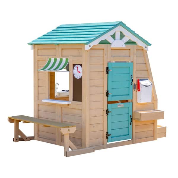 Teamson Kids Agnes Wooden Playhouse with Garden Window Fixed Bench and Flower Boxes Tan