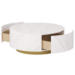 33 in. White Round Stone Top Coffee Table with Storage