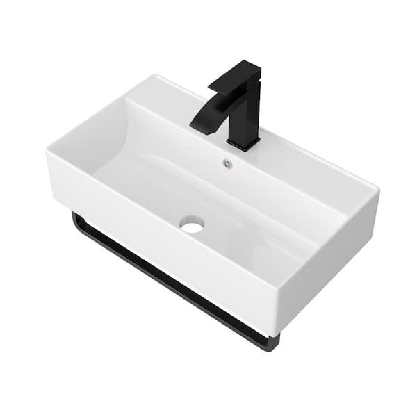 21 in Wall-Mounted Ceramic Rectangular Bathroom Sink in White with Black Towel Bar and Black Faucet