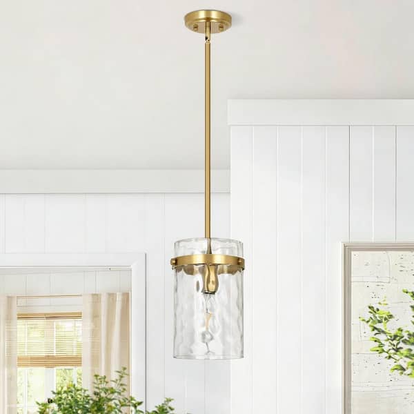 Modern Gold Adjustable Kitchen Island Pendant Light with Medium 5. 1in Diameter Clear Hammered Glass Shade