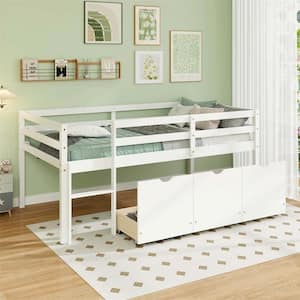 White Twin Size Low Loft Bed with 3-Drawers Ladder and Full-Length Guardrails Storage