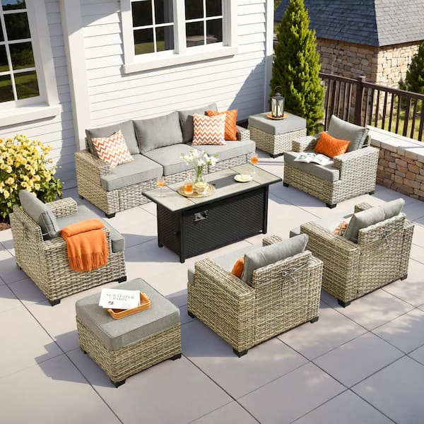 HOOOWOOO Kelleys 10-Piece Wicker Modern Outdoor Patio Conversation Sofa Seating Set with a Metal Fire Pit and Dark Grey Cushions