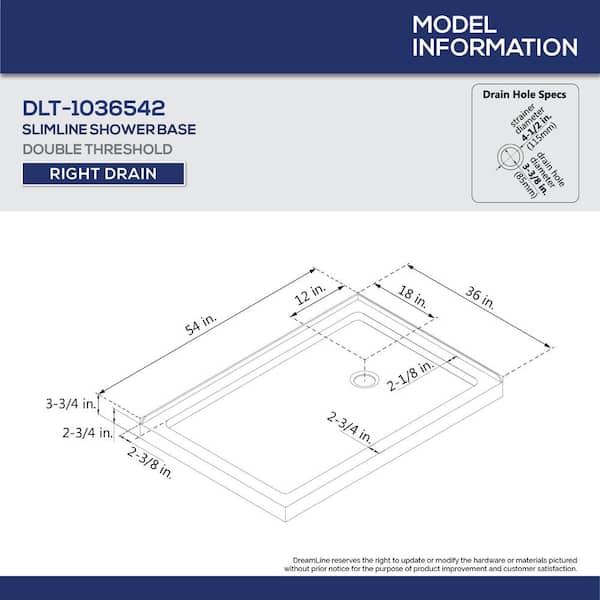 SlimLine 54 in. x 36 in. Double Threshold Shower Pan Base in White with Right Drain