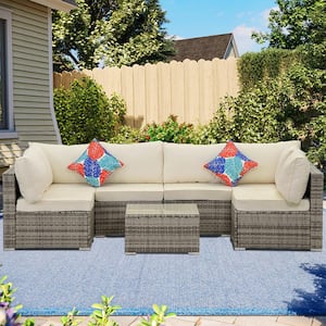Gray 7-Piece Rattan Sectional Garden Furniture Arms Sofa with Coffee Table and White Cushions Set for Patio Yard