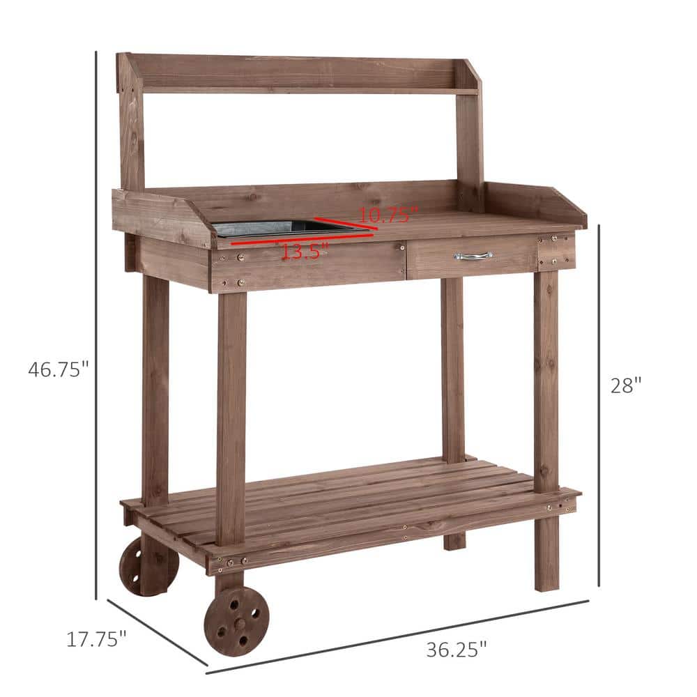 Outsunny 36'' Brown Wooden Potting Bench with Sink and Storage
