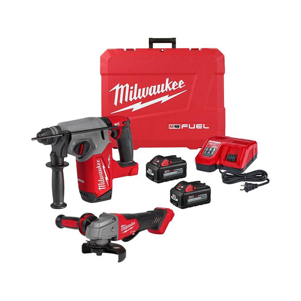Milwaukee M18 FUEL 18V Lithium-Ion Brushless 1 in. Cordless SDS-Plus Rotary Hammer Kit with 4-1/2 in./5 in. Grinder -  2912-22-2880-20