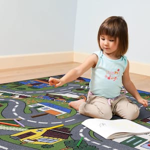 Kid's Collection Non-Slip Rubberback Educational Town Traffic Play 3x5 Area Rug, 3 ft. 3 in. x 5 ft., Green/Multicolor