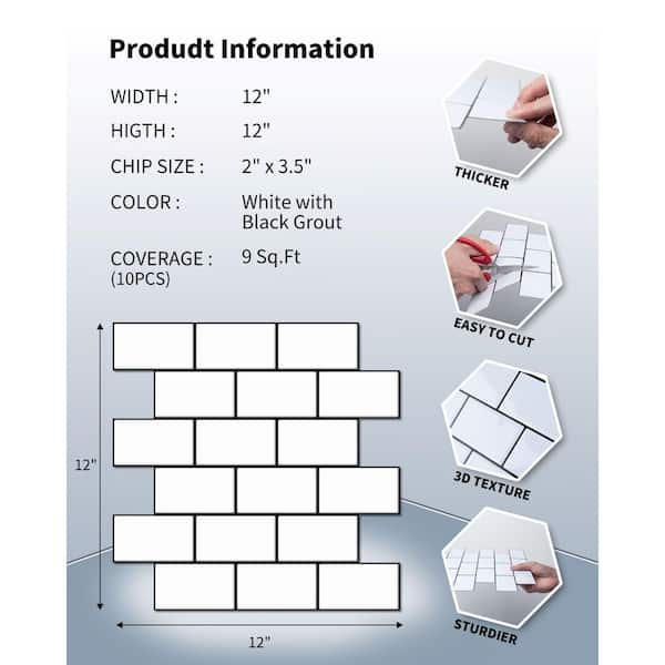 Art3d 12 in. x 12 in. White with Black Grout Subway Tile Vinyl Peel and Stick Tile Backsplash (9.5 Sq. ft./Box)