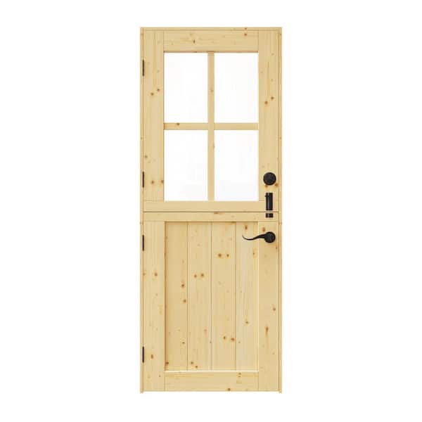30 in. x 80 in. Solid Pine Universal 4-Lite Clear Glass Unfinished Dutch Door Design Wood Front Door Slab (with Lock)