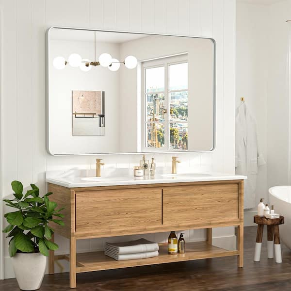 55 in. W x 36 in. H Modern Rectangular Aluminum Framed Wall Bathroom Vanity Mirror in Brushed Nickel