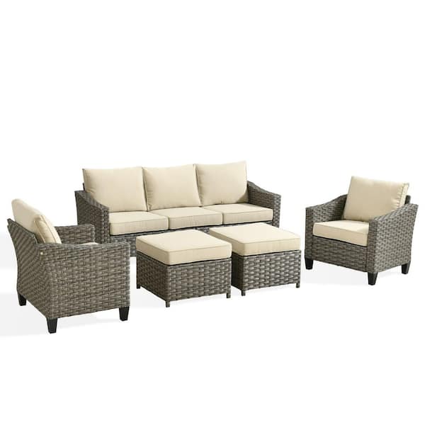 Rosy 5-Piece Wicker 5-Seat Outdoor Furniture Patio Conversation Sofa Seating Set with Beige Cushions