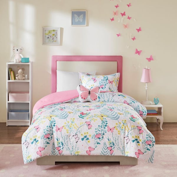 Caroline 4-Piece Pink Full Polyester Printed Butterfly Comforter Set