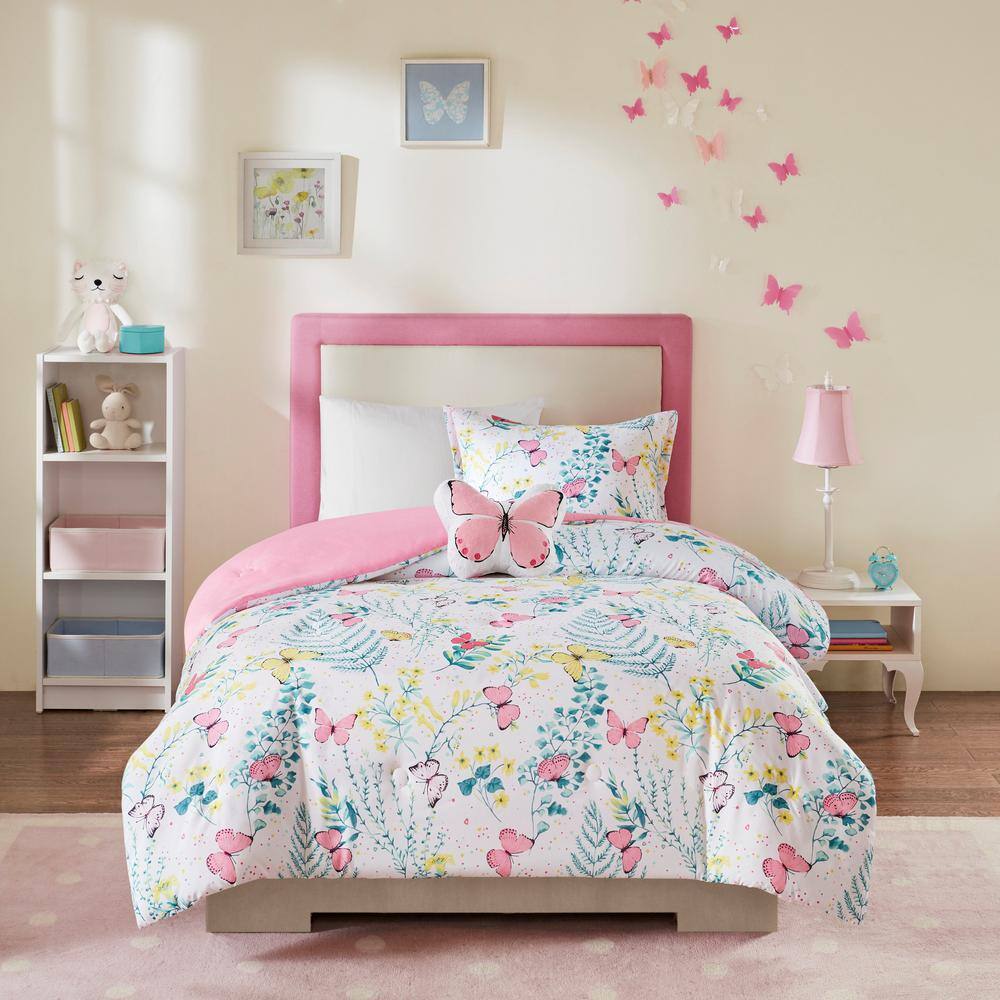 Twin Pink Microfiber Butterfly Comforter Set with Decorative Pillow