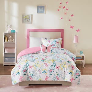 Caroline 3-Piece Pink Twin Polyester Printed Butterfly Comforter Set