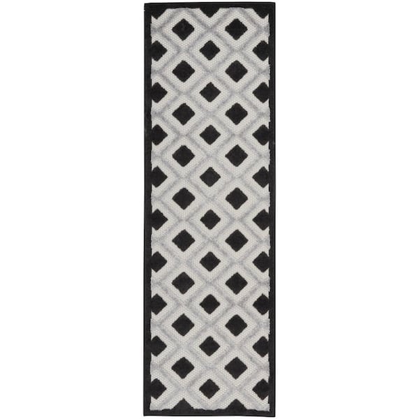 Aloha Black White 2 ft. x 8 ft. Kitchen Runner Geometric Contemporary Indoor/Outdoor Patio Area Rug