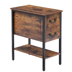 Brown End Table, Narrow Chairside Table 2-Drawers and Open Storage Shelf, Nightstand 20.5 in. L x 11.8 in. W x 23.6 in.