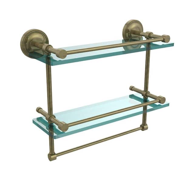 Allied Brass 16 in. L x 12 in. H x 5 in. W 2-Tier Gallery Clear Glass Bathroom Shelf with Towel Bar in Antique Brass