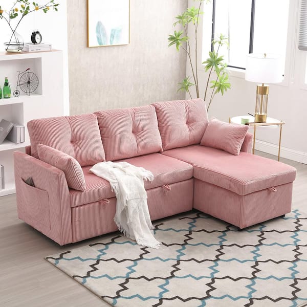 HOMEFUN 81 in. Square Arm 3-Piece Chenille Upholstered L-Shaped Pull-Out Sectional Sofa Bed in Velvet with Storage Chaise