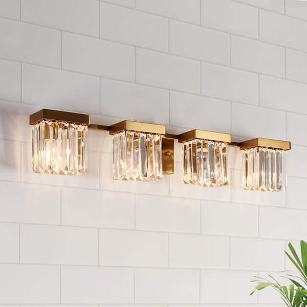 LNC 31.5 in. 4-Light Plating Brass Glam Crystal Bathroom Vanity Light Modern Bedroom Powder Room Wall Sconce for Mirror