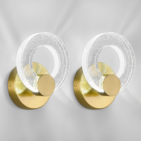Home Light 5.9 in. 1-Light LED Gold Round Bubble Crystal Wall Sconce with Light Fixtures (2-Pack)