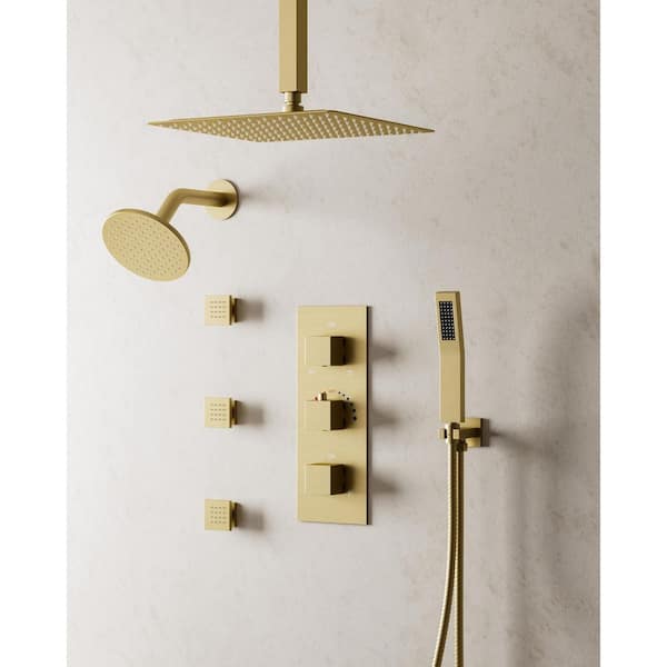 Thermostatic Valve 8-Spray 12 in. and 6 in. Ceiling Mount Dual Shower Head and Handheld Shower in Brushed Gold