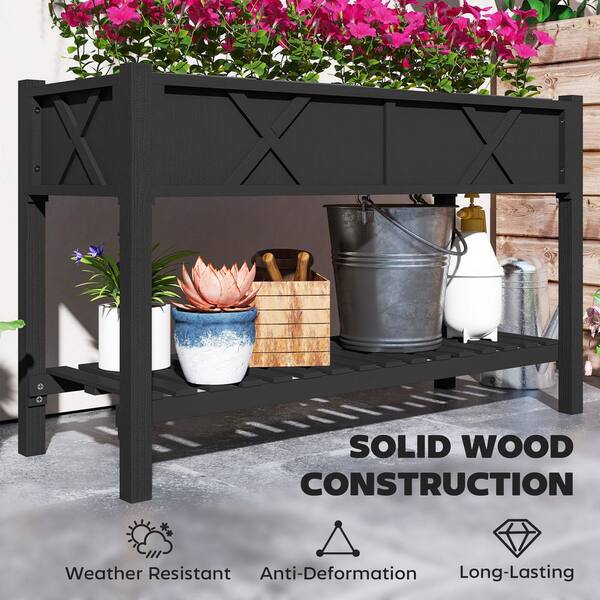Black 2-Tier Fir Wood Rectangular Raised Garden Bed with Storage
