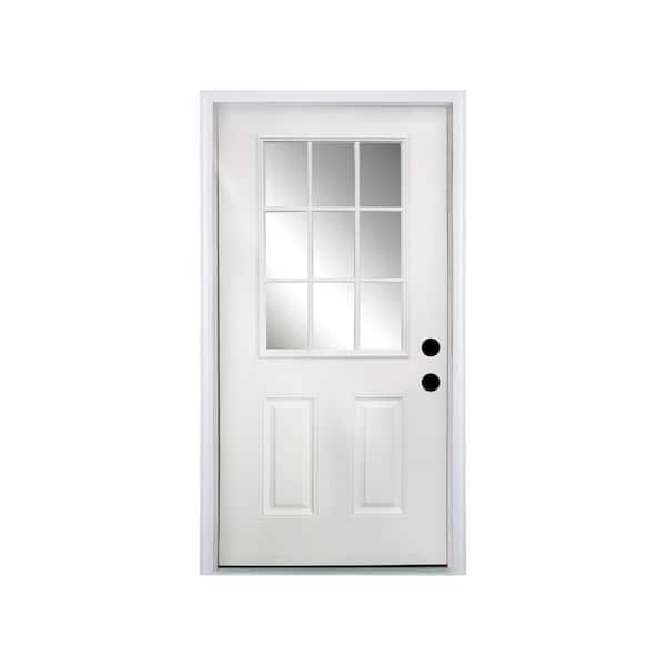 36 in. x 80 in. 2 Panel Right-Hand 9 Lite Clear Glass White Primed Fiberglass Prehung Front Door with Threshold, Hinge