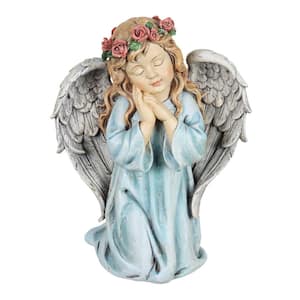 Solar Hand Painted Little Girl Angel with LED Flower Garland, 8.5 in. x 10.5 in. Garden Statue
