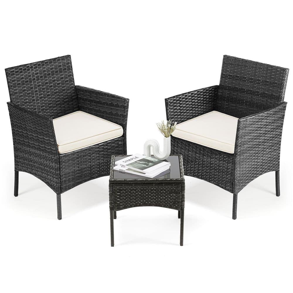 Elegant 3-Piece Patio Furniture Set: Stylish Wicker Rattan Chairs with Soft Cushions & Glass Table for Outdoor, Garden price history on PriceWatchPro
