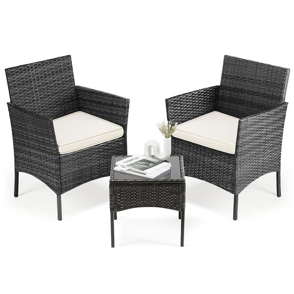 Elegant 3-Piece Patio Furniture Set: Stylish Wicker Rattan Chairs with Soft Cushions & Glass Table for Outdoor, Garden