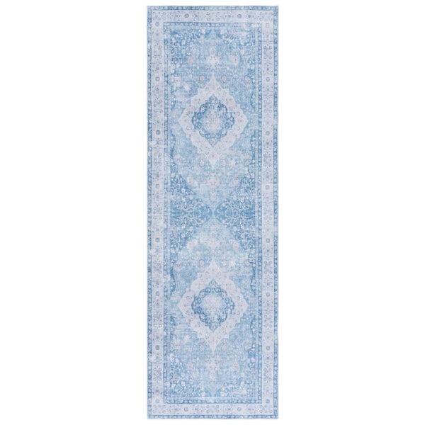 SAFAVIEH Arizona 3 ft. x 8 ft. Light Blue/Blue Machine Washable Medallion Distressed Runner Rug
